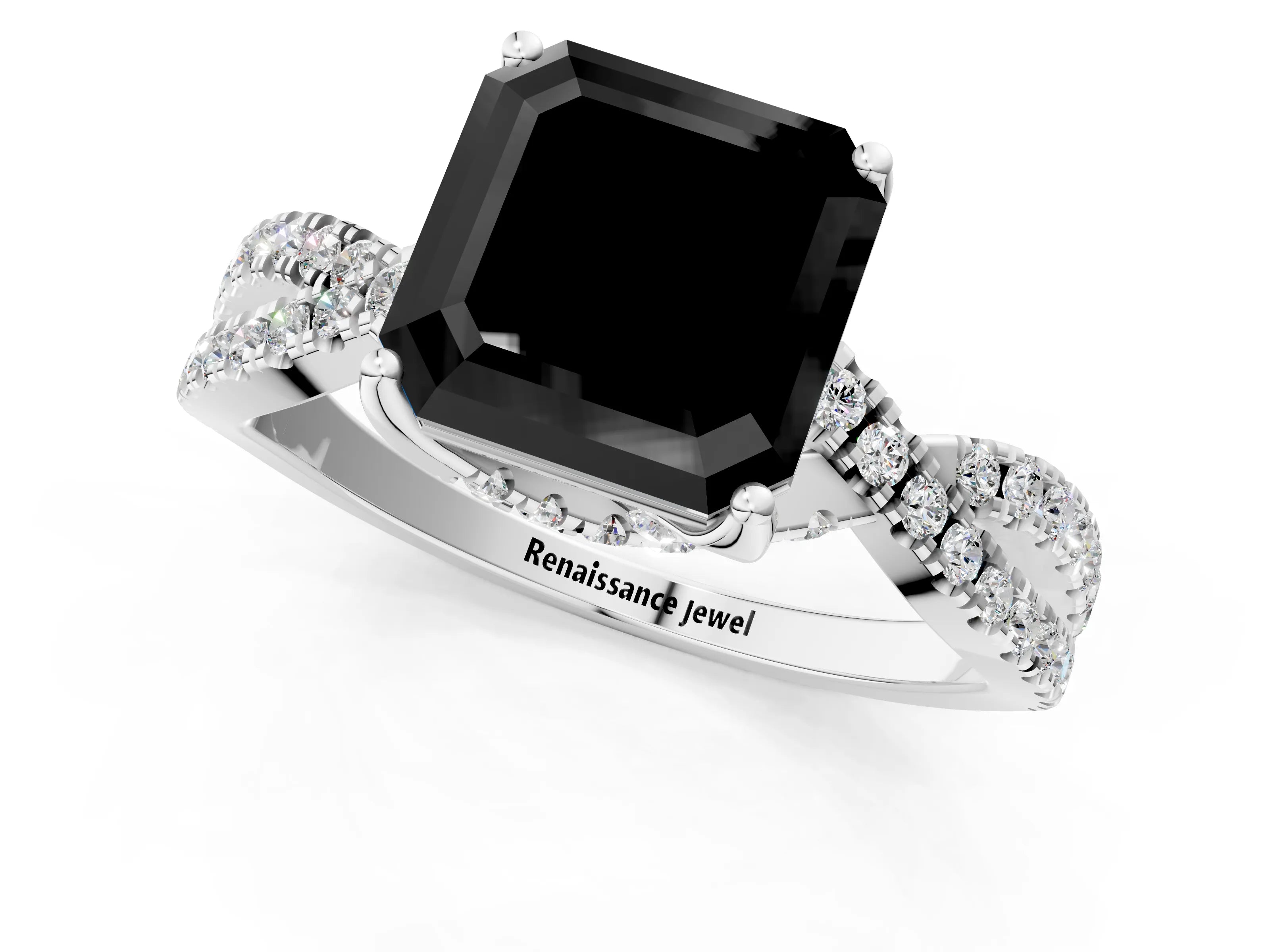 White gold Fancy Black Asscher Cut Solitaire Twist Pave Diamond Engagement Ring with Prong Setting_7