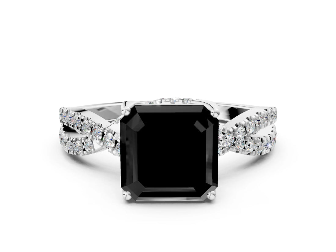White gold Fancy Black Asscher Cut Solitaire Twist Pave Diamond Engagement Ring with Prong Setting_9