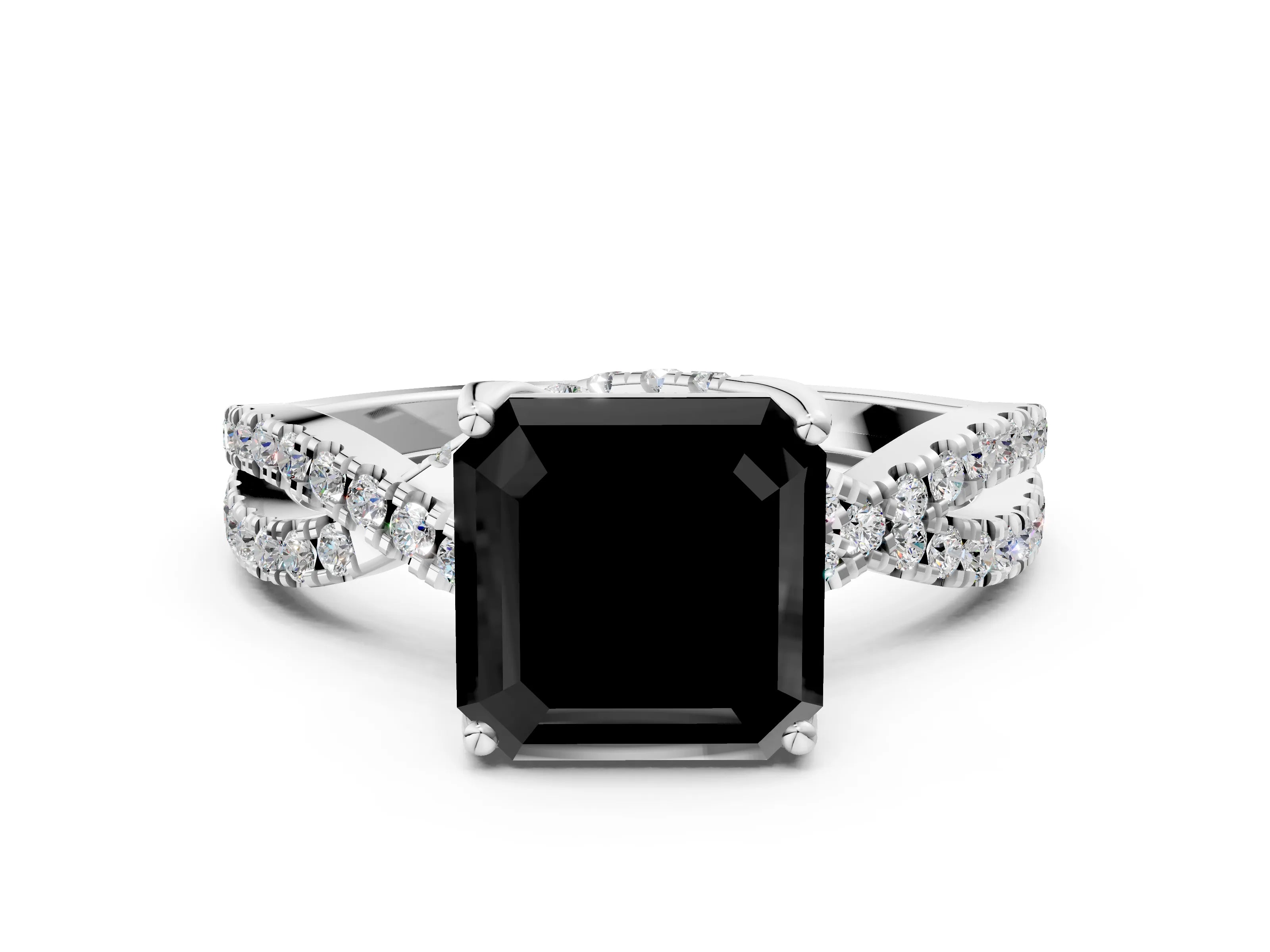 White gold Fancy Black Asscher Cut Solitaire Twist Pave Diamond Engagement Ring with Prong Setting