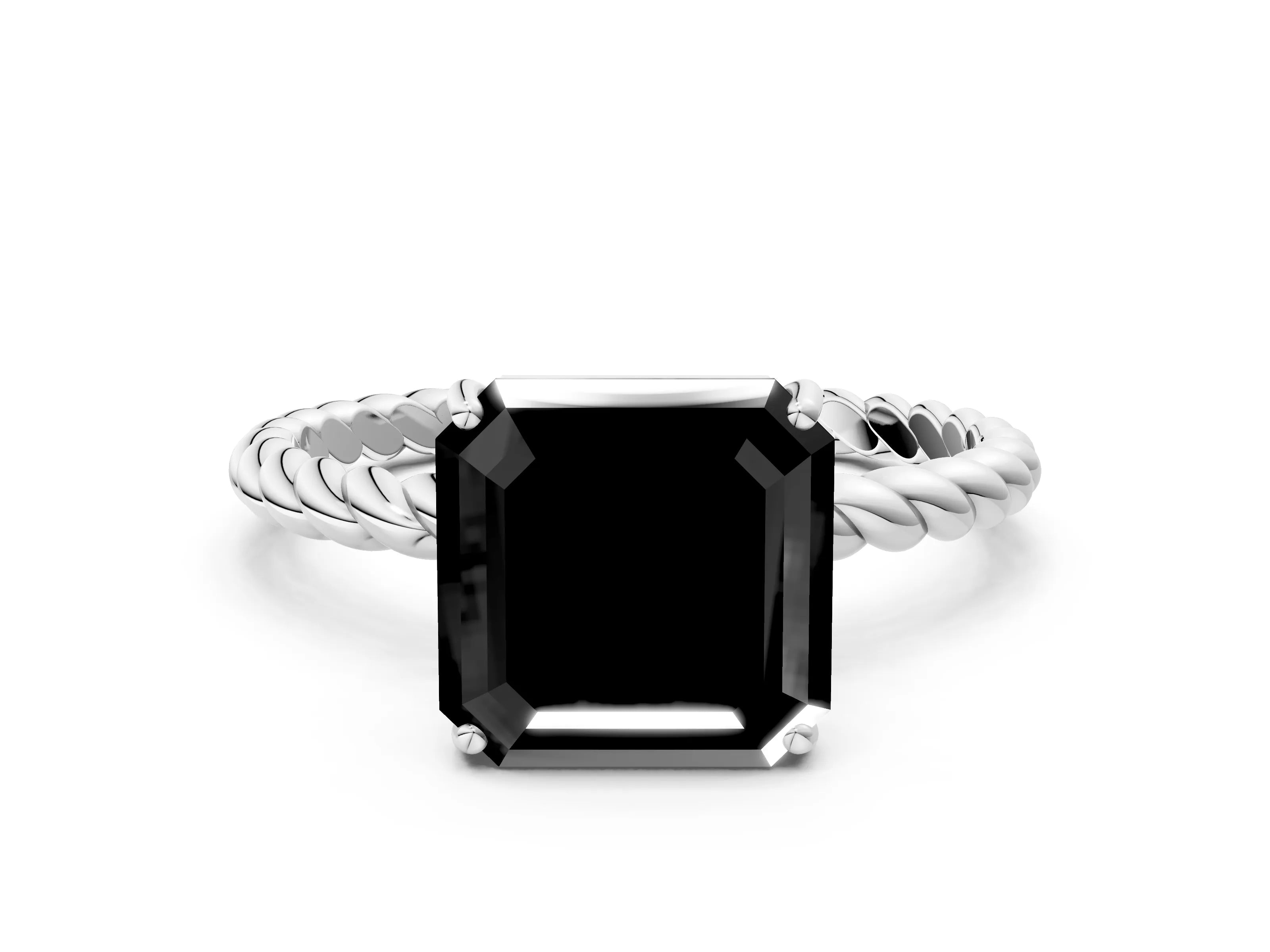 White gold Fancy Black Asscher Cut Solitaire Twisted Band 4-Prong Ring_12