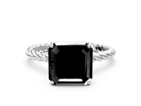 White gold Fancy Black Asscher Cut Solitaire Twisted Band 4-Prong Ring_12