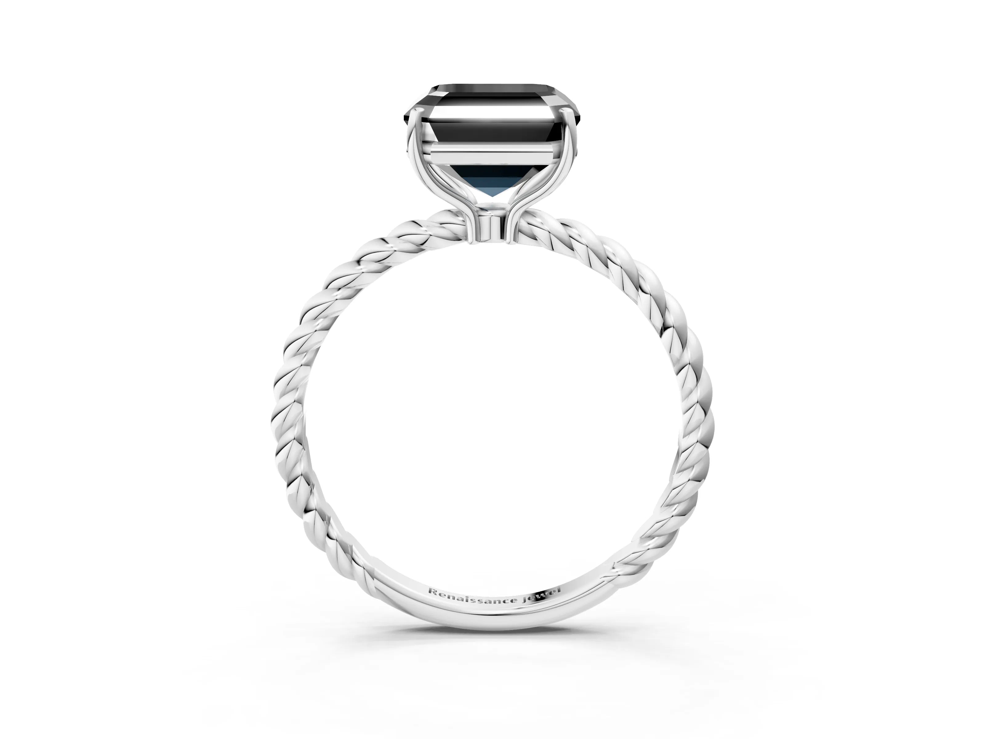 White gold Fancy Black Asscher Cut Solitaire Twisted Band 4-Prong Ring_15