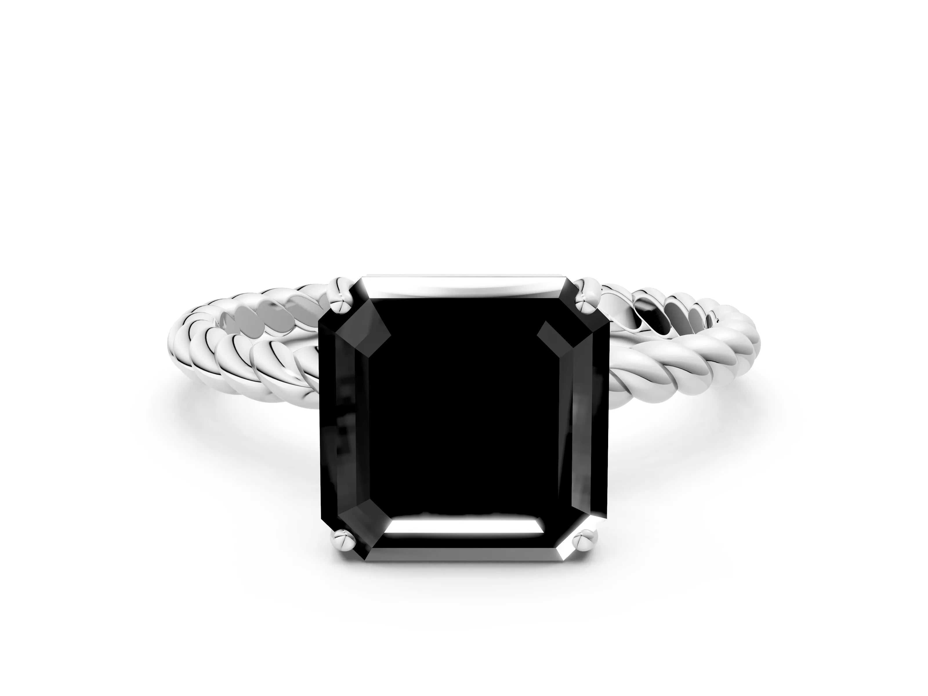 White gold Fancy Black Asscher Cut Solitaire Twisted Band 4-Prong Ring_36