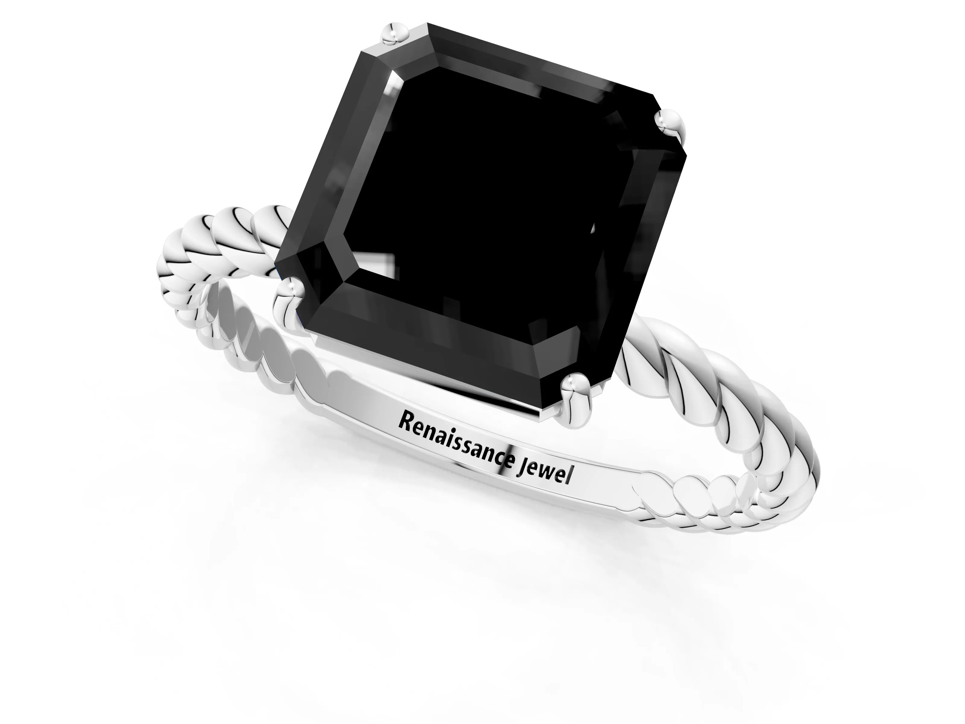 White gold Fancy Black Asscher Cut Solitaire Twisted Band 4-Prong Ring_37