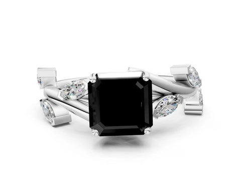 White gold Fancy Black Asscher Cut Solitaire Twisted Band Marquise Accent Prong Setting Ring