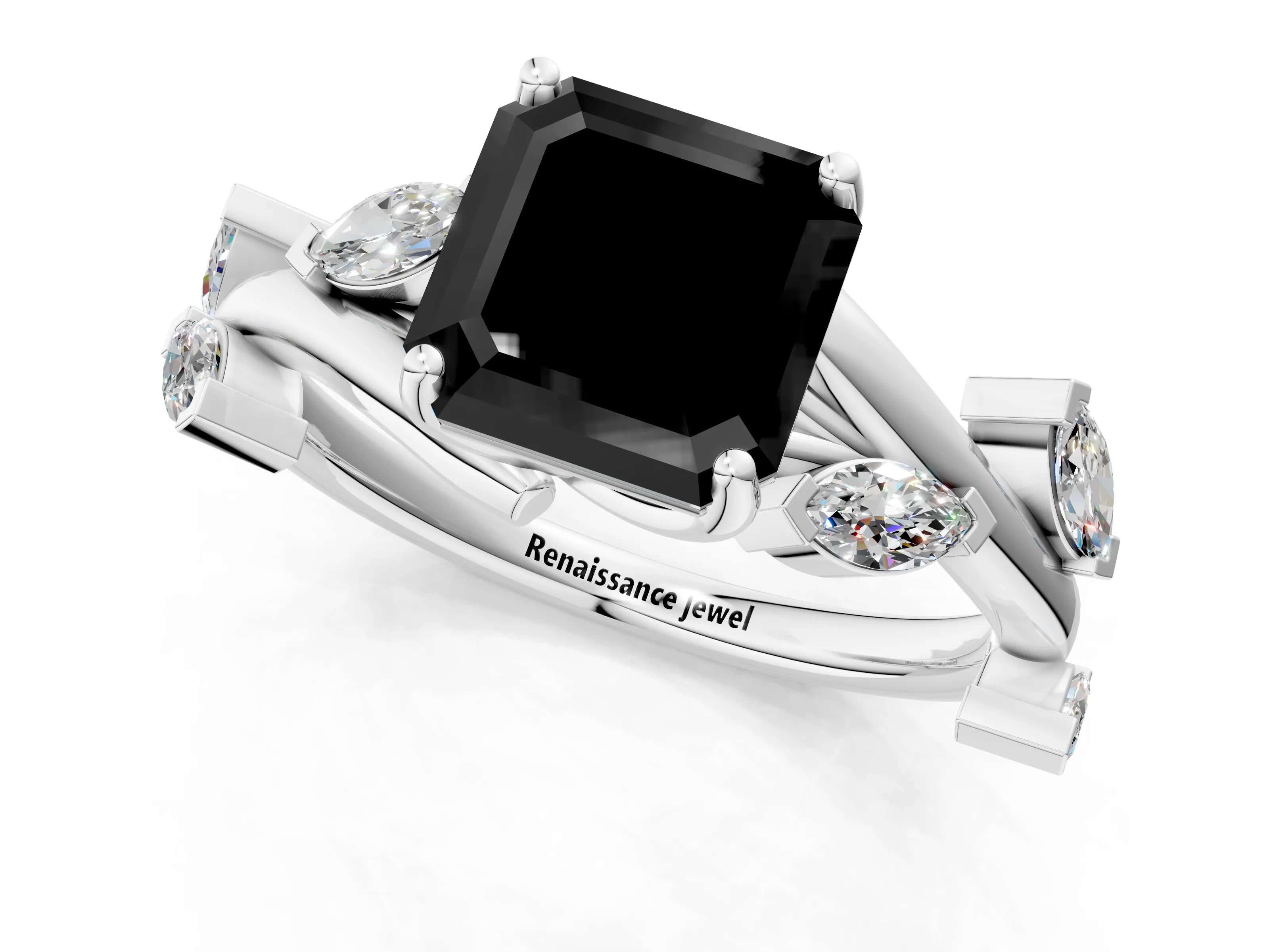 White gold Fancy Black Asscher Cut Solitaire Twisted Band Marquise Accent Prong Setting Ring_1