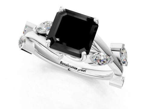 White gold Fancy Black Asscher Cut Solitaire Twisted Band Marquise Accent Prong Setting Ring_1
