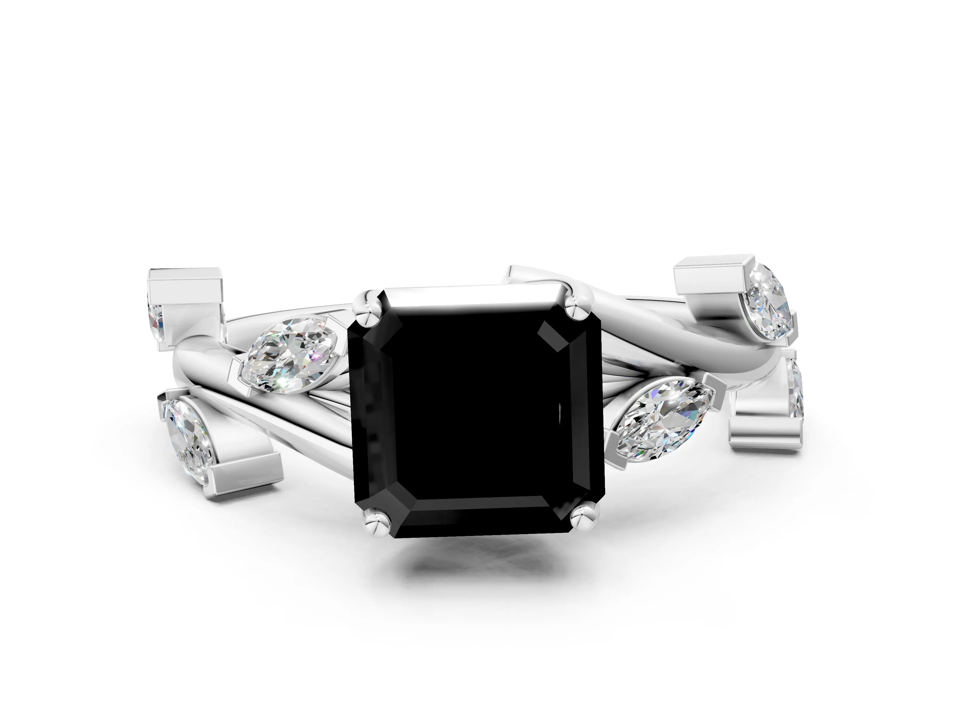White gold Fancy Black Asscher Cut Solitaire Twisted Band Marquise Accent Prong Setting Ring