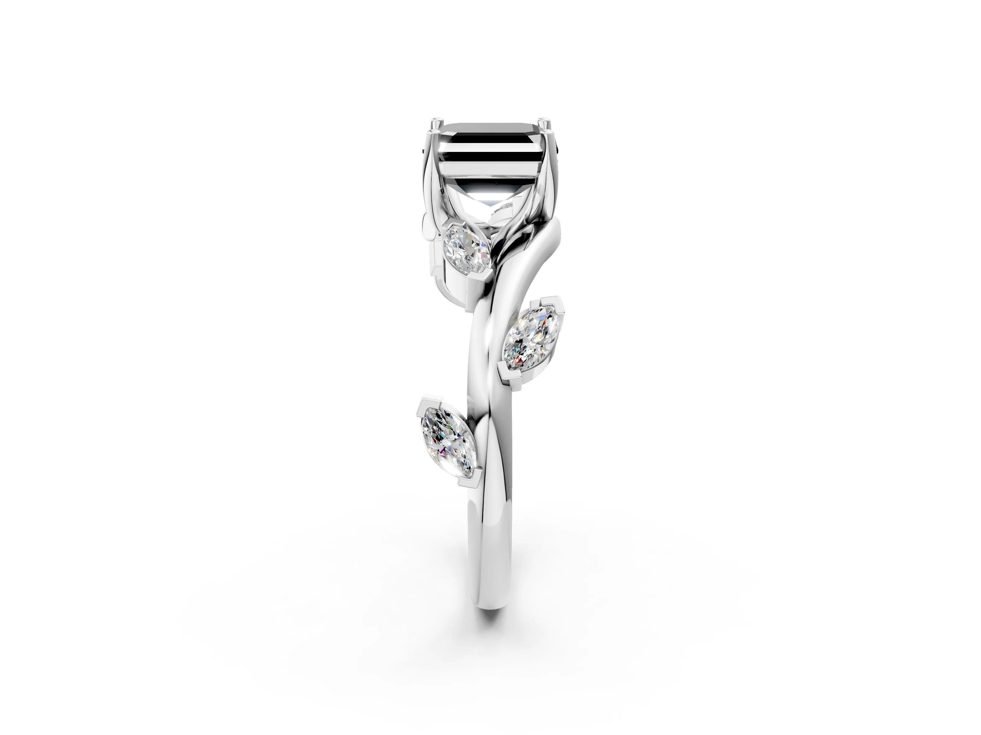 White gold Fancy Black Asscher Cut Solitaire Twisted Band Marquise Accent Prong Setting Ring_2