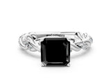 White gold Fancy Black Asscher Cut Solitaire Twisted Band with Pavé Accents and Four-Prong Setting