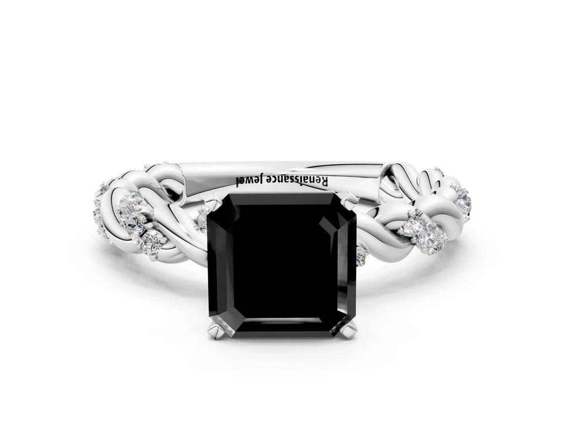 White gold Fancy Black Asscher Cut Solitaire Twisted Band with Pavé Accents and Four-Prong Setting