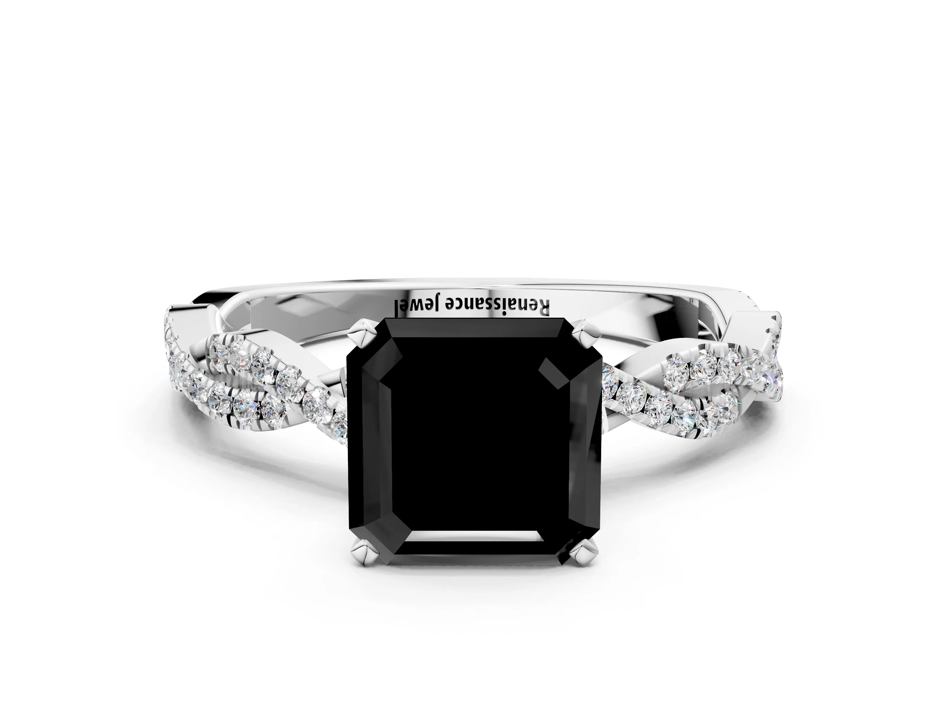 White gold Fancy Black Asscher Cut Solitaire Twisted Pave Band with Four-Prong Setting_15