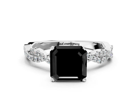 White gold Fancy Black Asscher Cut Solitaire Twisted Pave Band with Four-Prong Setting_15