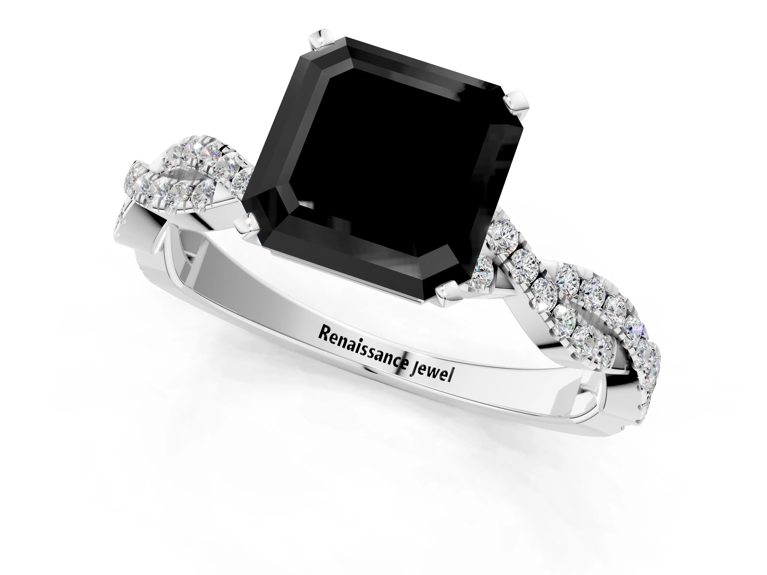 White gold Fancy Black Asscher Cut Solitaire Twisted Pave Band with Four-Prong Setting_16