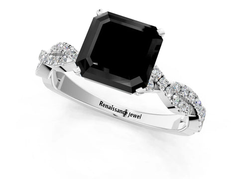White gold Fancy Black Asscher Cut Solitaire Twisted Pave Band with Four-Prong Setting_16