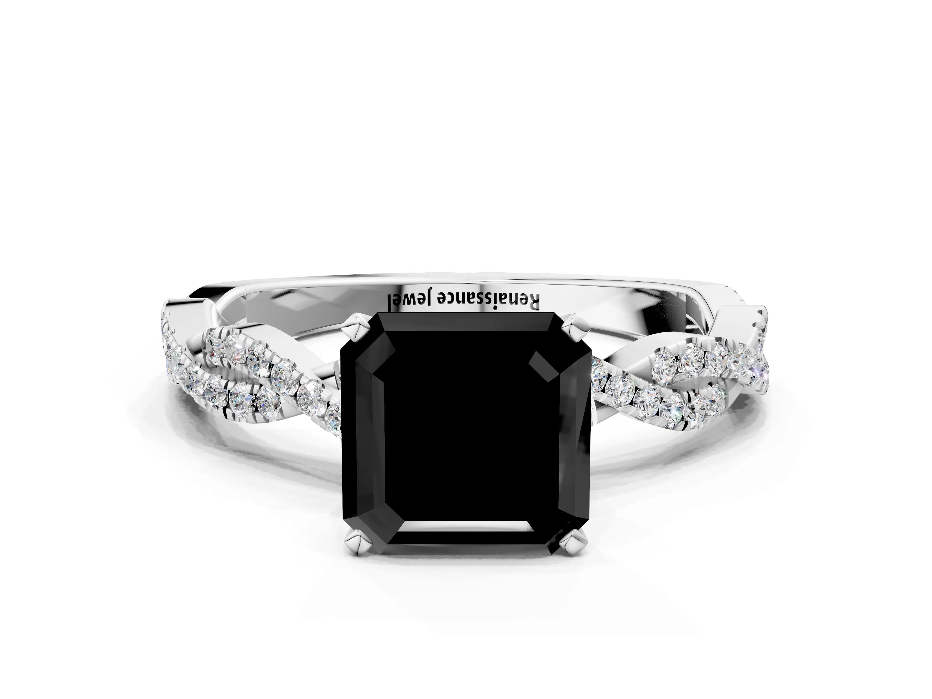 White gold Fancy Black Asscher Cut Solitaire Twisted Pave Band with Four-Prong Setting_3