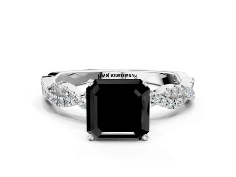 White gold Fancy Black Asscher Cut Solitaire Twisted Pave Band with Four-Prong Setting_3