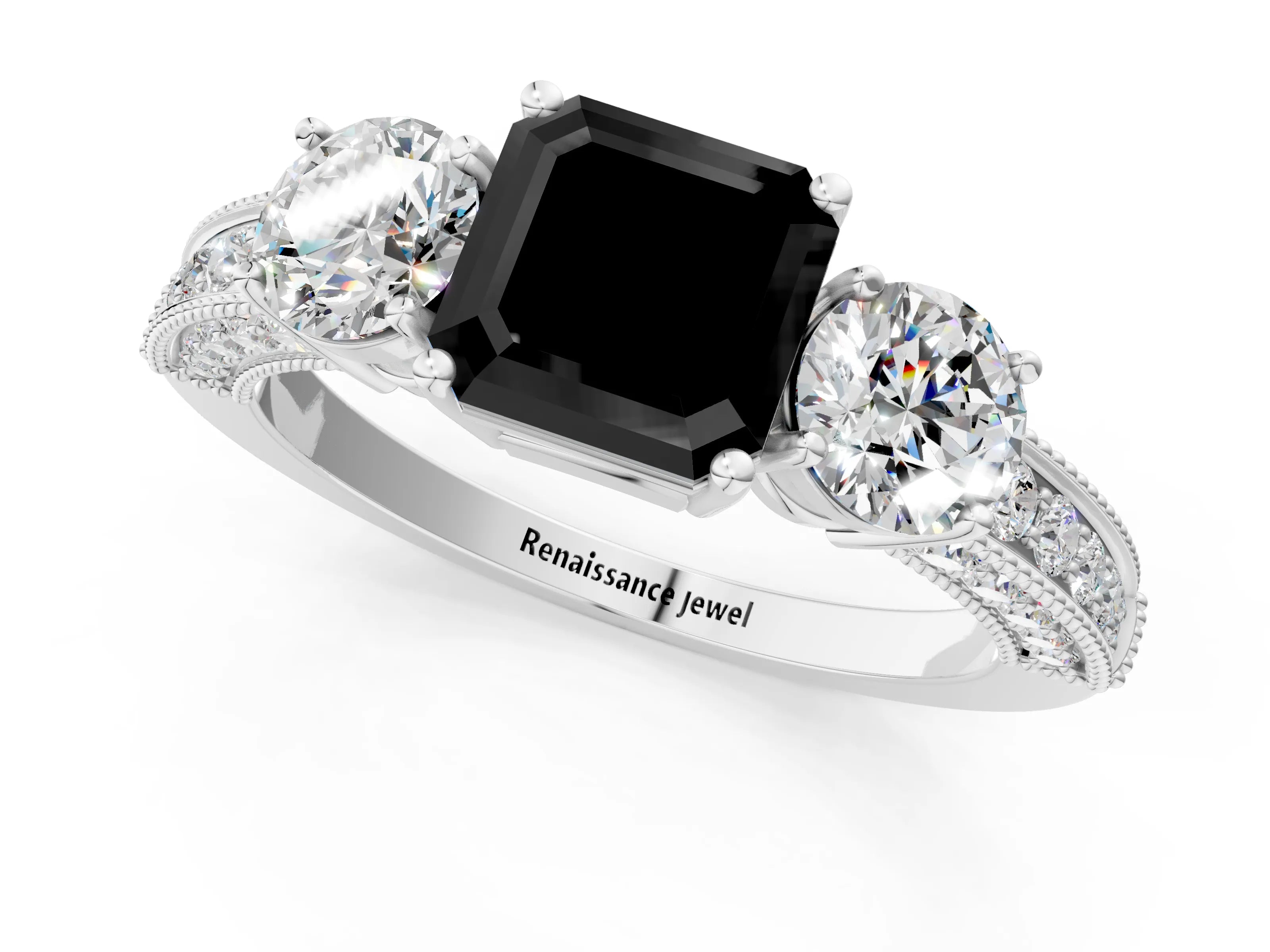 White gold Fancy Black Asscher Cut Three-Stone Diamond Ring with Pavé Band and Four-Prong Setting_1