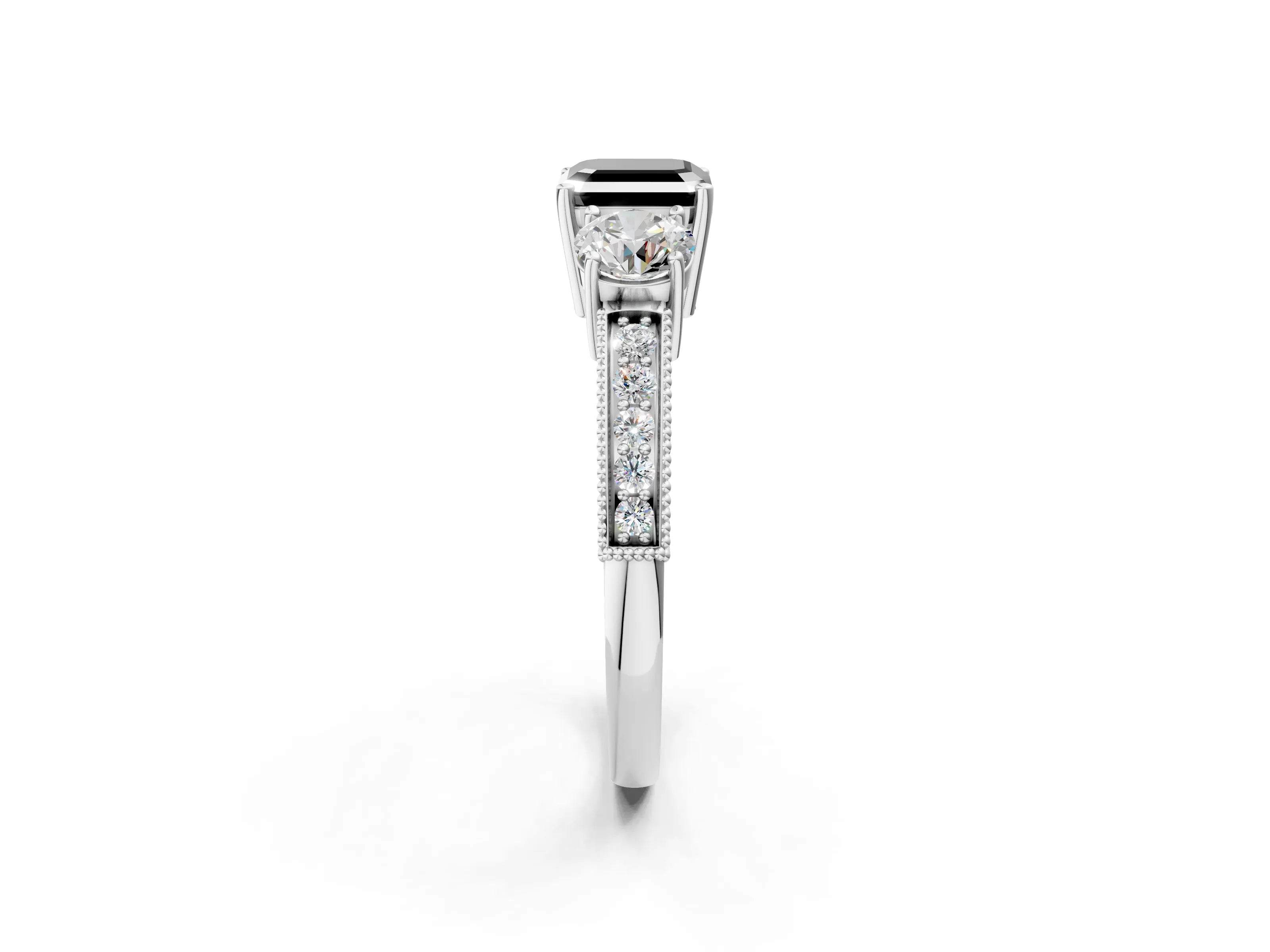 White gold Fancy Black Asscher Cut Three-Stone Diamond Ring with Pavé Band and Four-Prong Setting_2