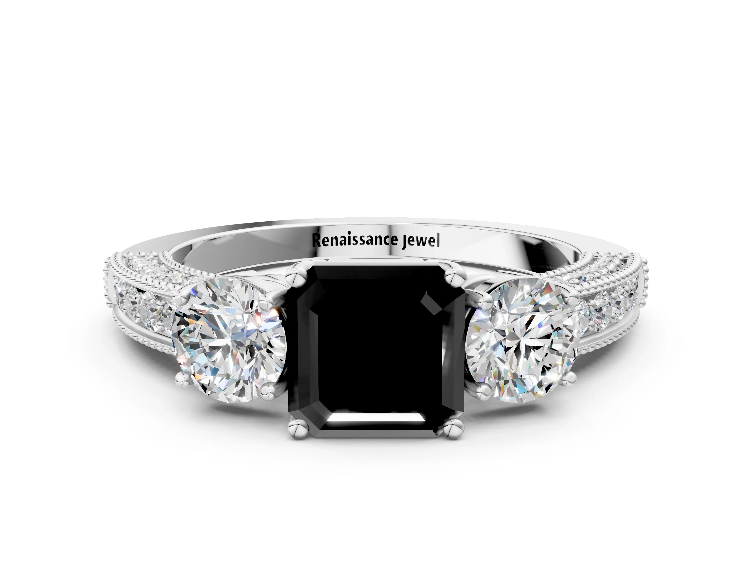 White gold Fancy Black Asscher Cut Three-Stone Diamond Ring with Pavé Band and Four-Prong Setting_24
