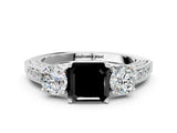 White gold Fancy Black Asscher Cut Three-Stone Diamond Ring with Pavé Band and Four-Prong Setting_24