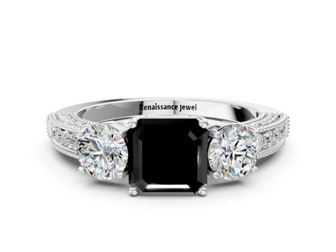 White gold Fancy Black Asscher Cut Three-Stone Diamond Ring with Pavé Band and Four-Prong Setting_24