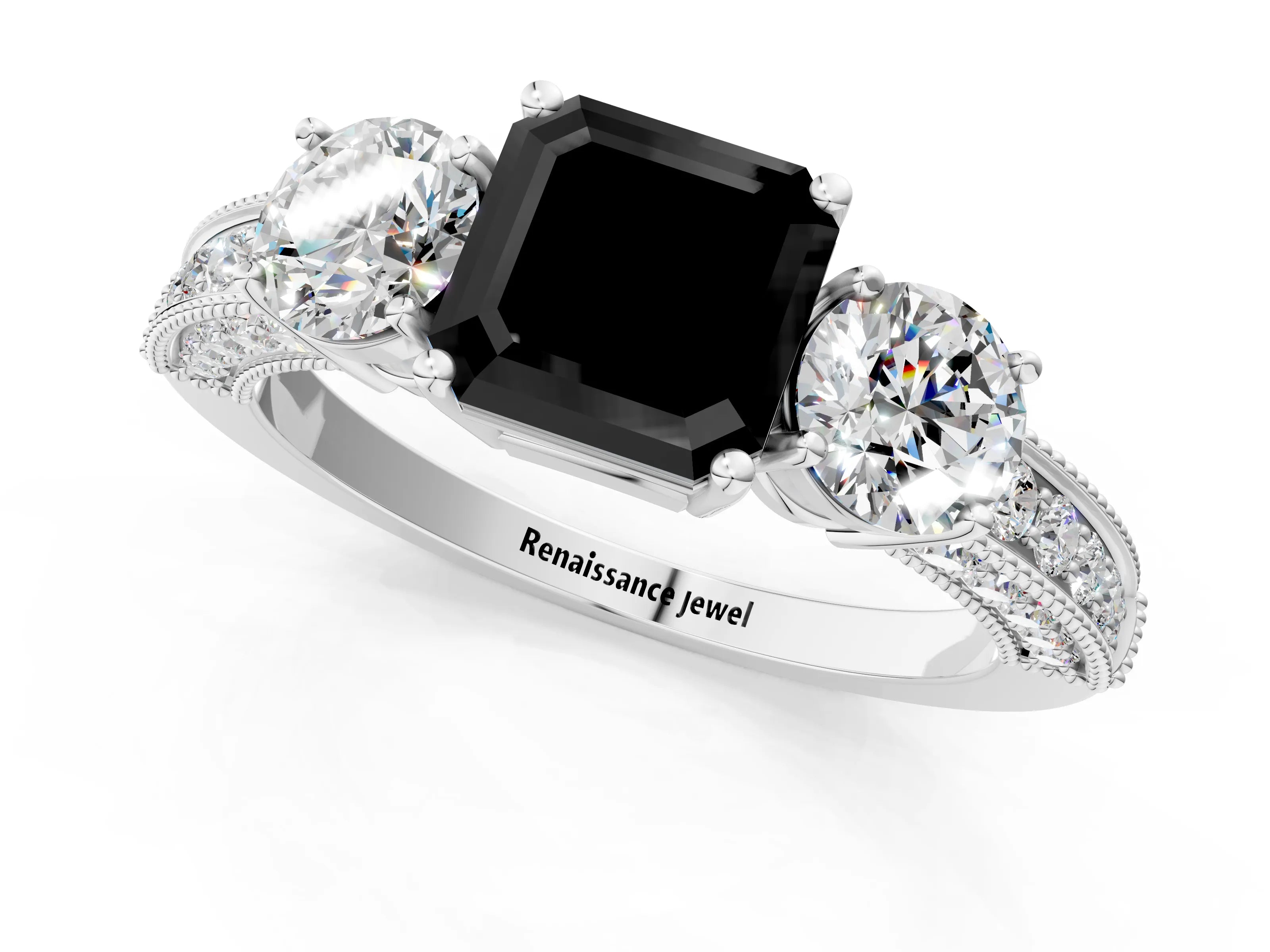 White gold Fancy Black Asscher Cut Three-Stone Diamond Ring with Pavé Band and Four-Prong Setting_25