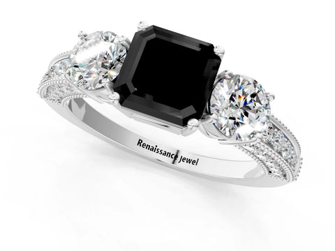 White gold Fancy Black Asscher Cut Three-Stone Diamond Ring with Pavé Band and Four-Prong Setting_25