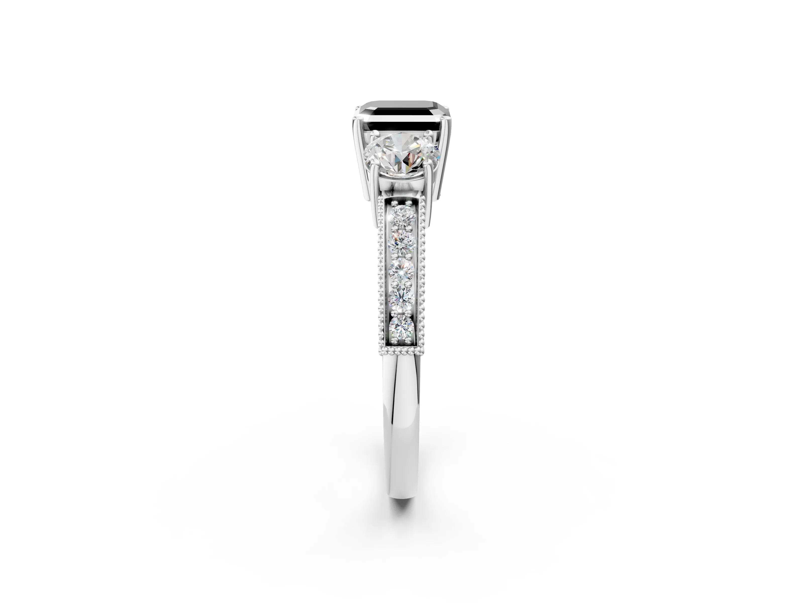White gold Fancy Black Asscher Cut Three-Stone Diamond Ring with Pavé Band and Four-Prong Setting_26