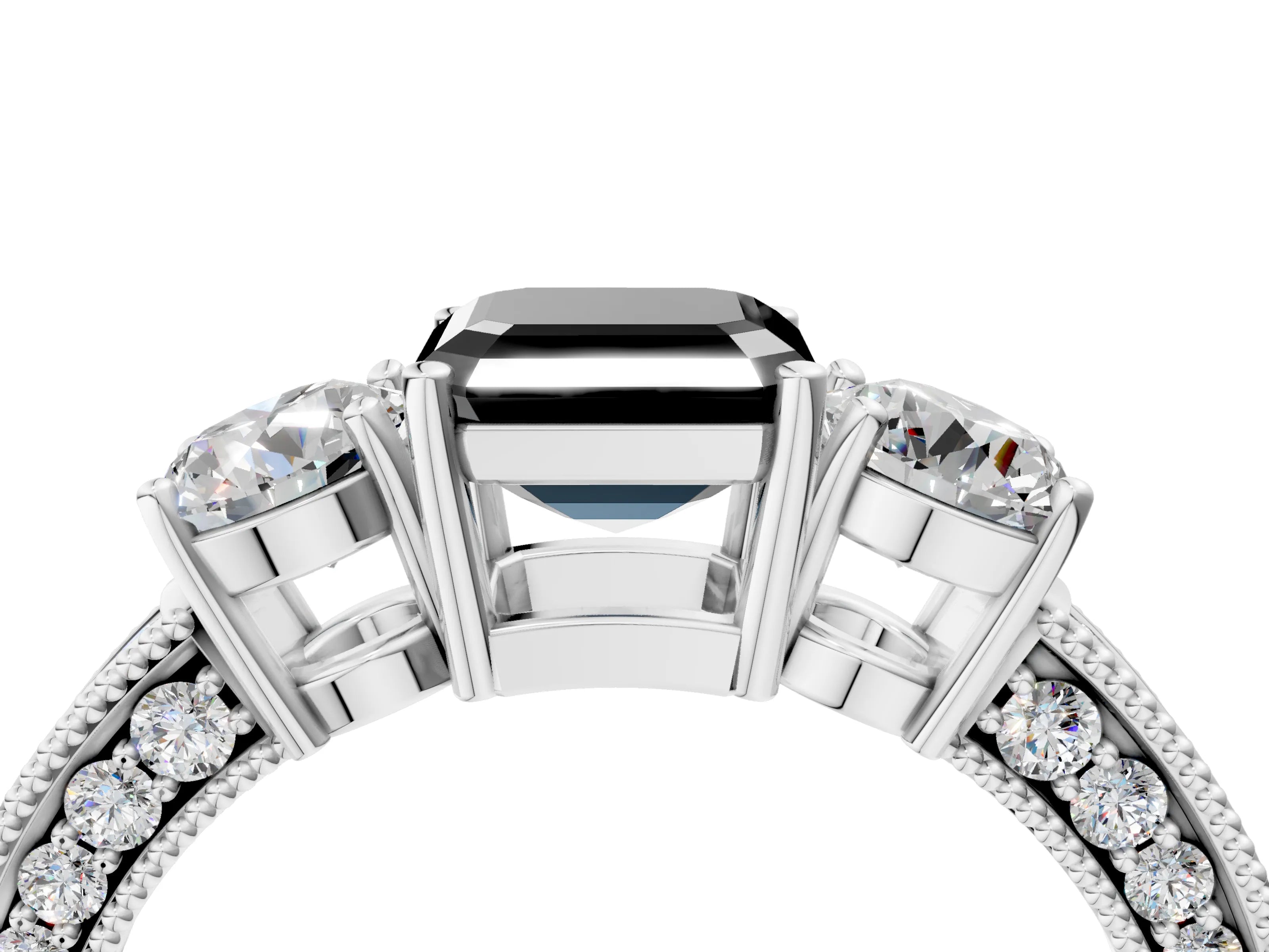 White gold Fancy Black Asscher Cut Three-Stone Diamond Ring with Pavé Band and Four-Prong Setting_28