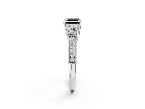 White gold Fancy Black Asscher Cut Three-Stone Diamond Ring with Pavé Band and Four-Prong Setting_2