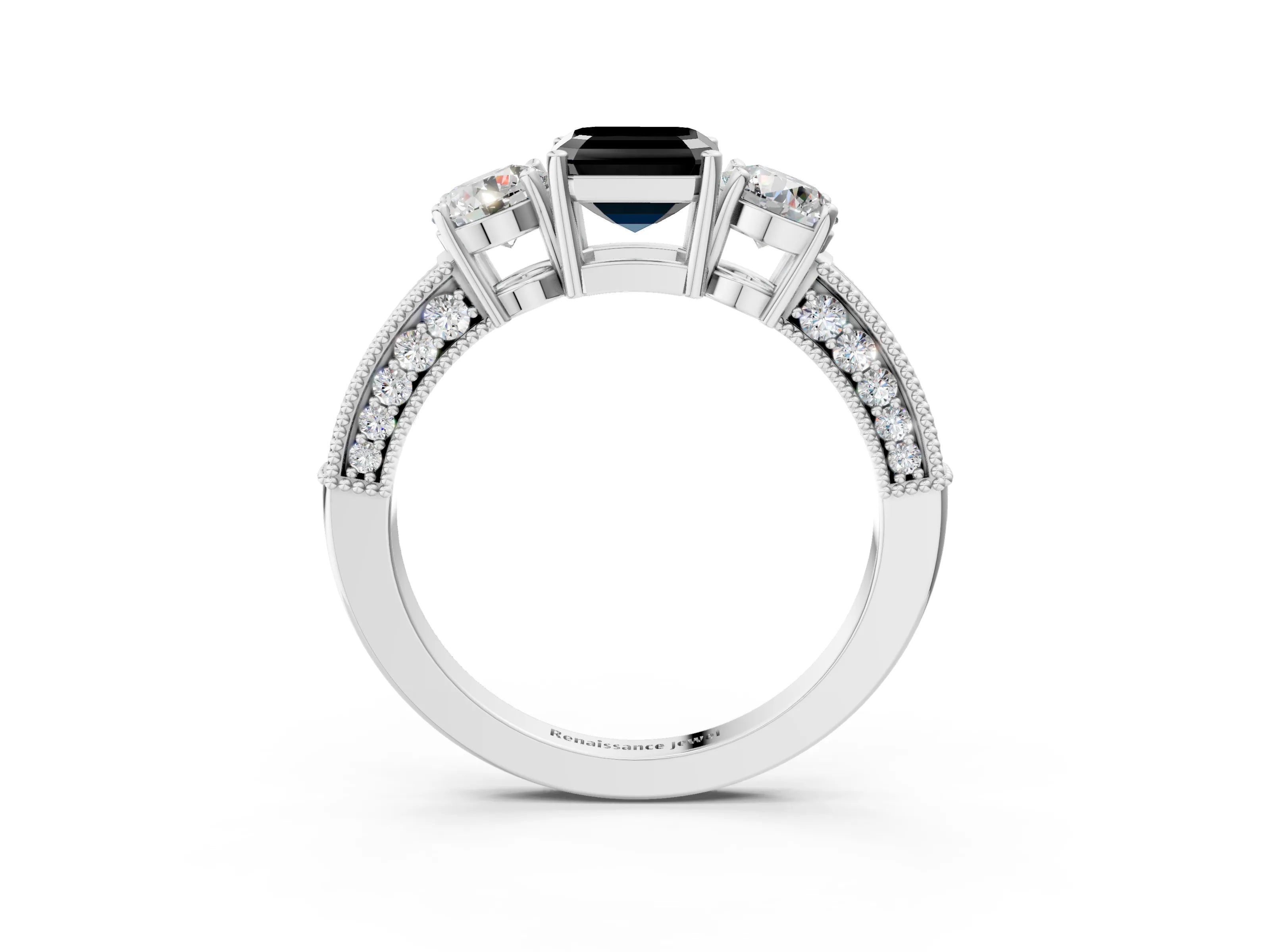 White gold Fancy Black Asscher Cut Three-Stone Diamond Ring with Pavé Band and Four-Prong Setting_3