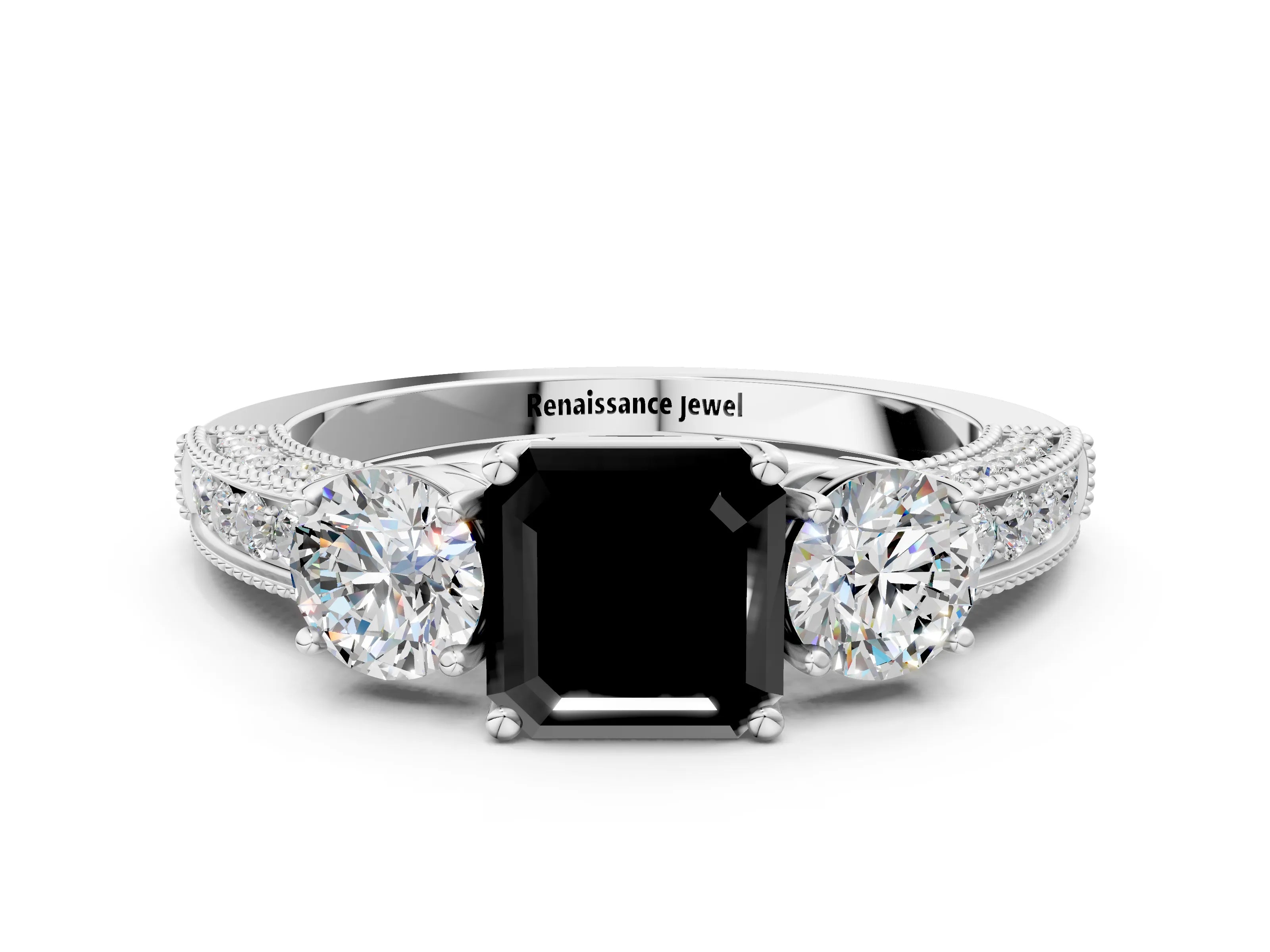White gold Fancy Black Asscher Cut Three-Stone Diamond Ring with Pavé Band and Four-Prong Setting_30
