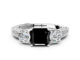 White gold Fancy Black Asscher Cut Three-Stone Diamond Ring with Pavé Band and Four-Prong Setting_30