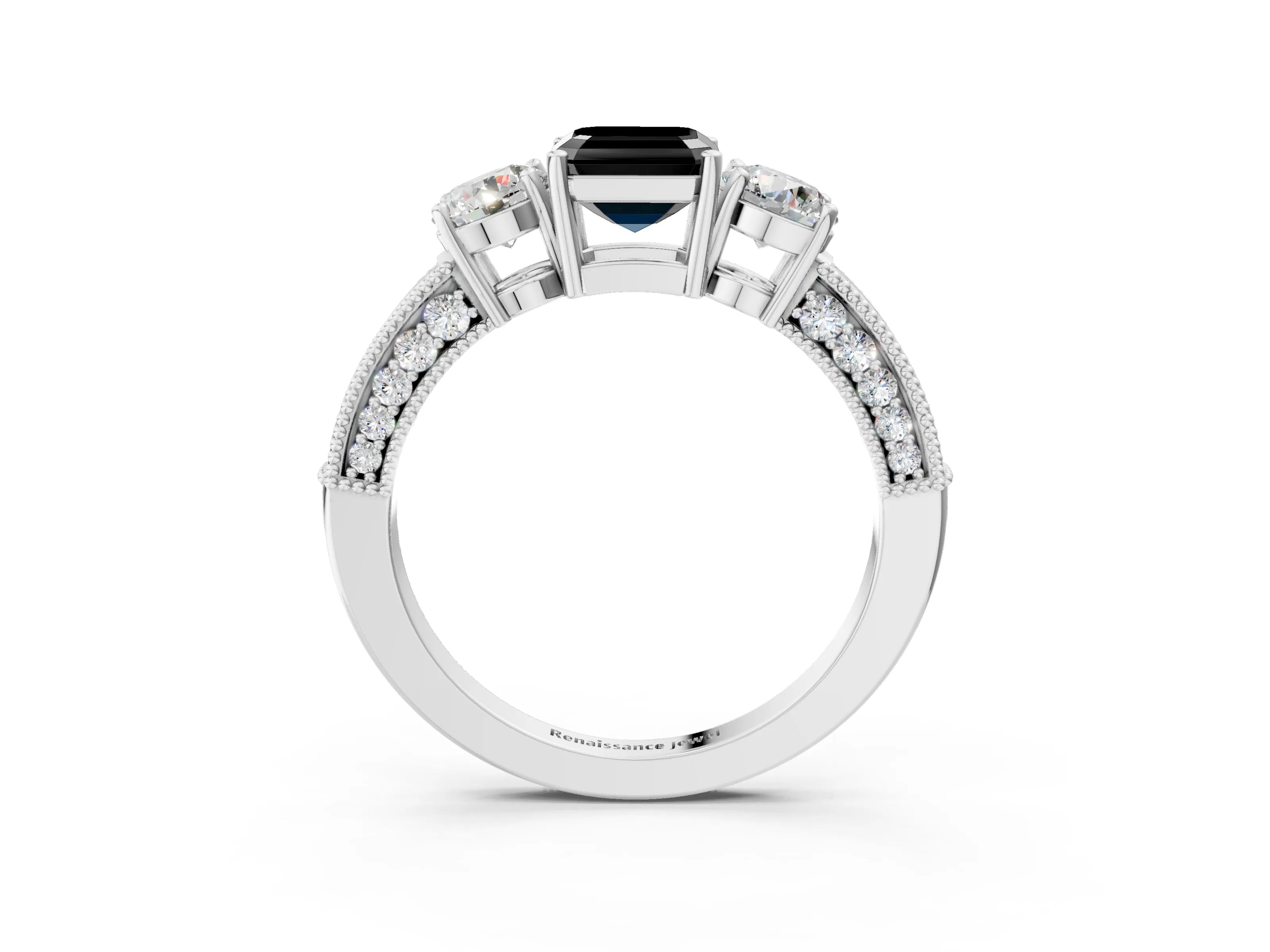 White gold Fancy Black Asscher Cut Three-Stone Diamond Ring with Pavé Band and Four-Prong Setting_33