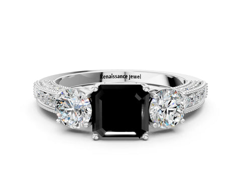 White gold Fancy Black Asscher Cut Three-Stone Diamond Ring with Pavé Band and Four-Prong Setting_34