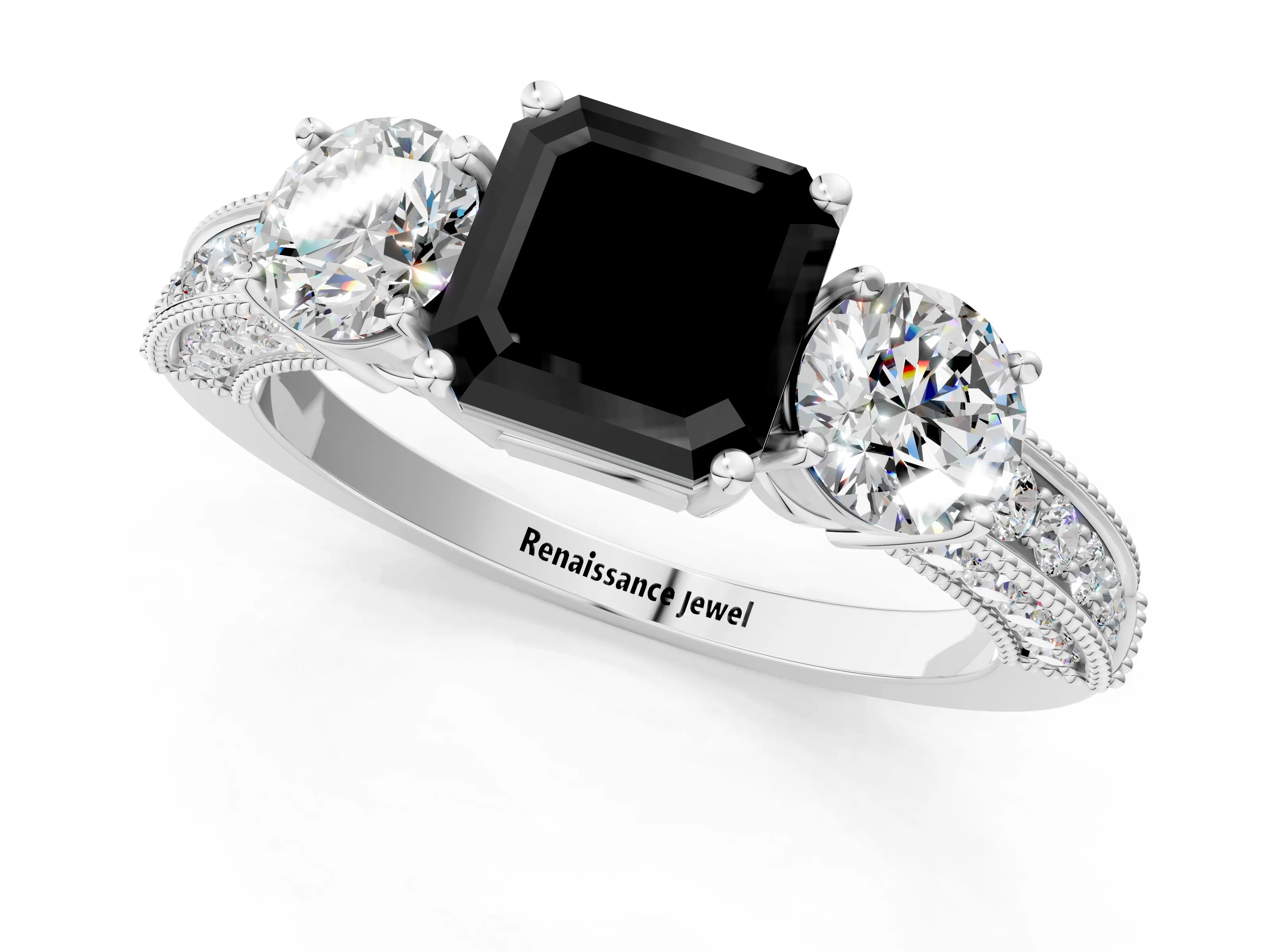 White gold Fancy Black Asscher Cut Three-Stone Diamond Ring with Pavé Band and Four-Prong Setting_35