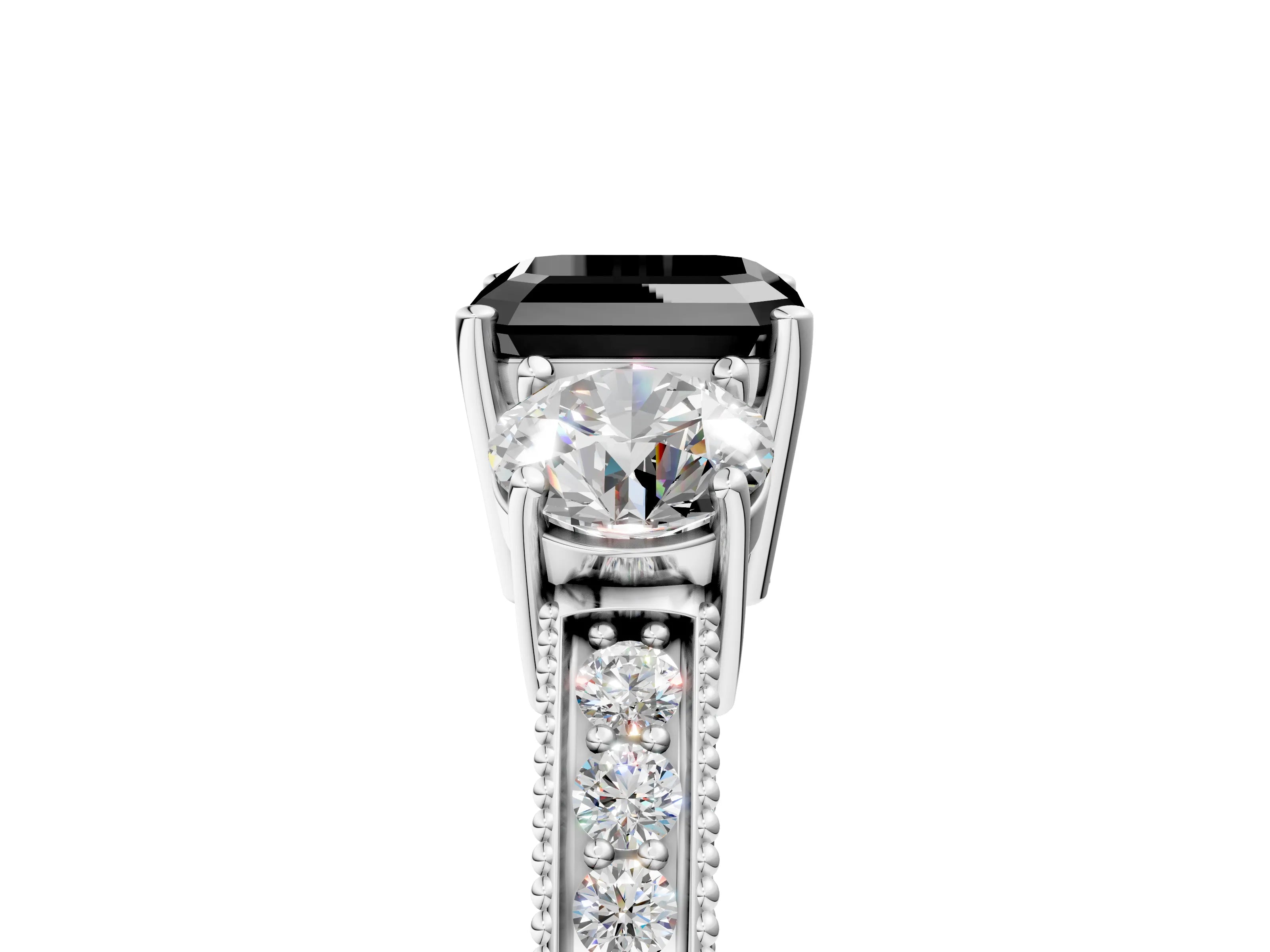 White gold Fancy Black Asscher Cut Three-Stone Diamond Ring with Pavé Band and Four-Prong Setting_35