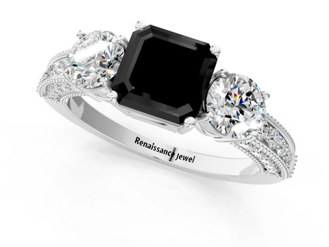 White gold Fancy Black Asscher Cut Three-Stone Diamond Ring with Pavé Band and Four-Prong Setting_35