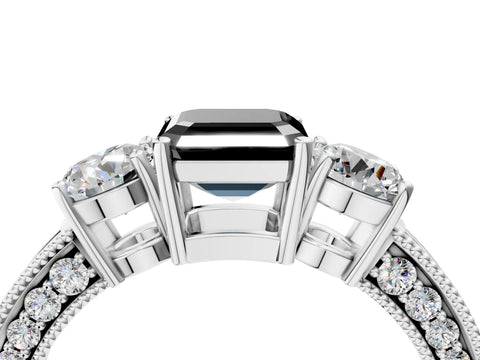 White gold Fancy Black Asscher Cut Three-Stone Diamond Ring with Pavé Band and Four-Prong Setting_4