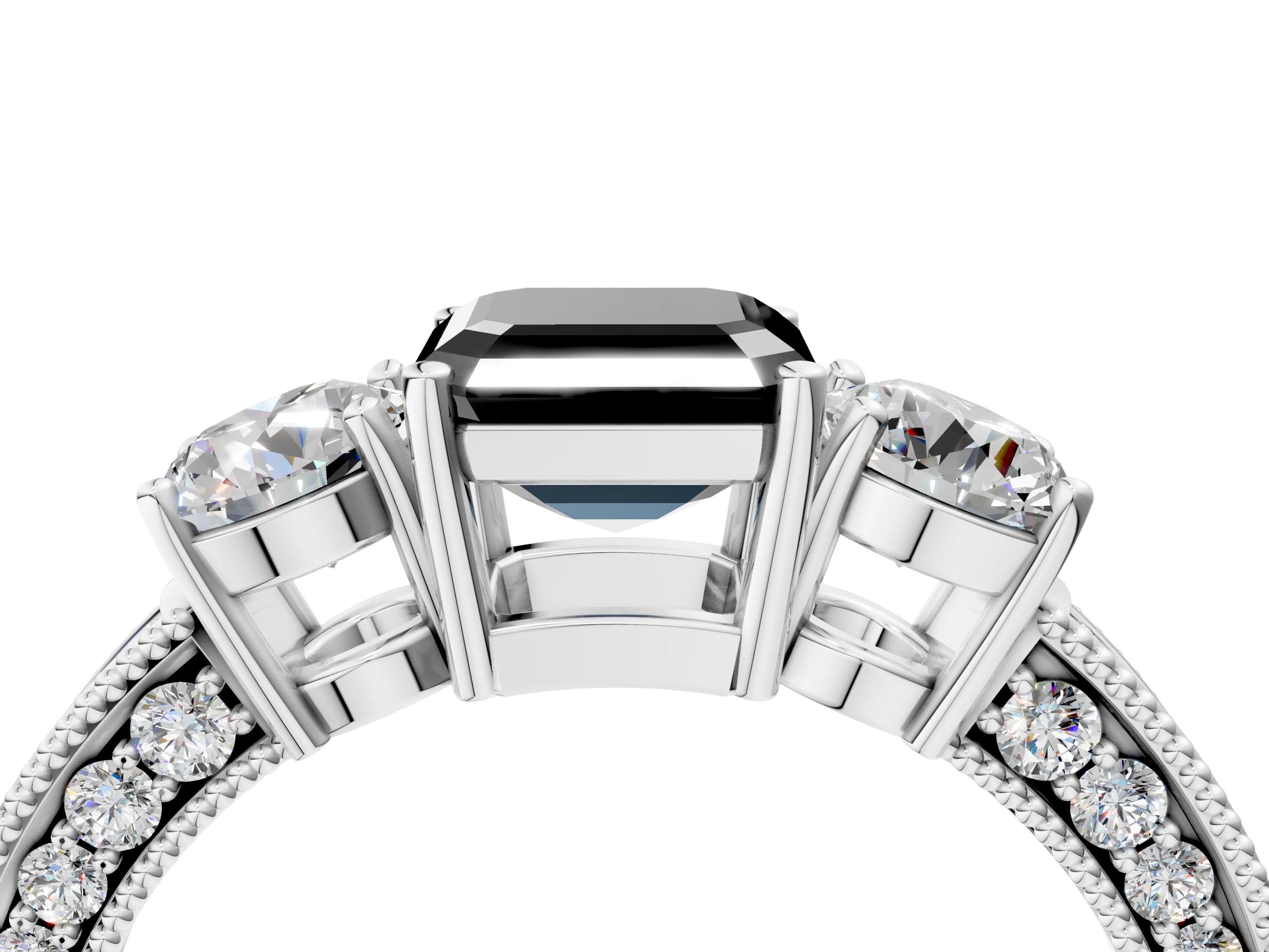 White gold Fancy Black Asscher Cut Three-Stone Diamond Ring with Pavé Band and Four-Prong Setting_4