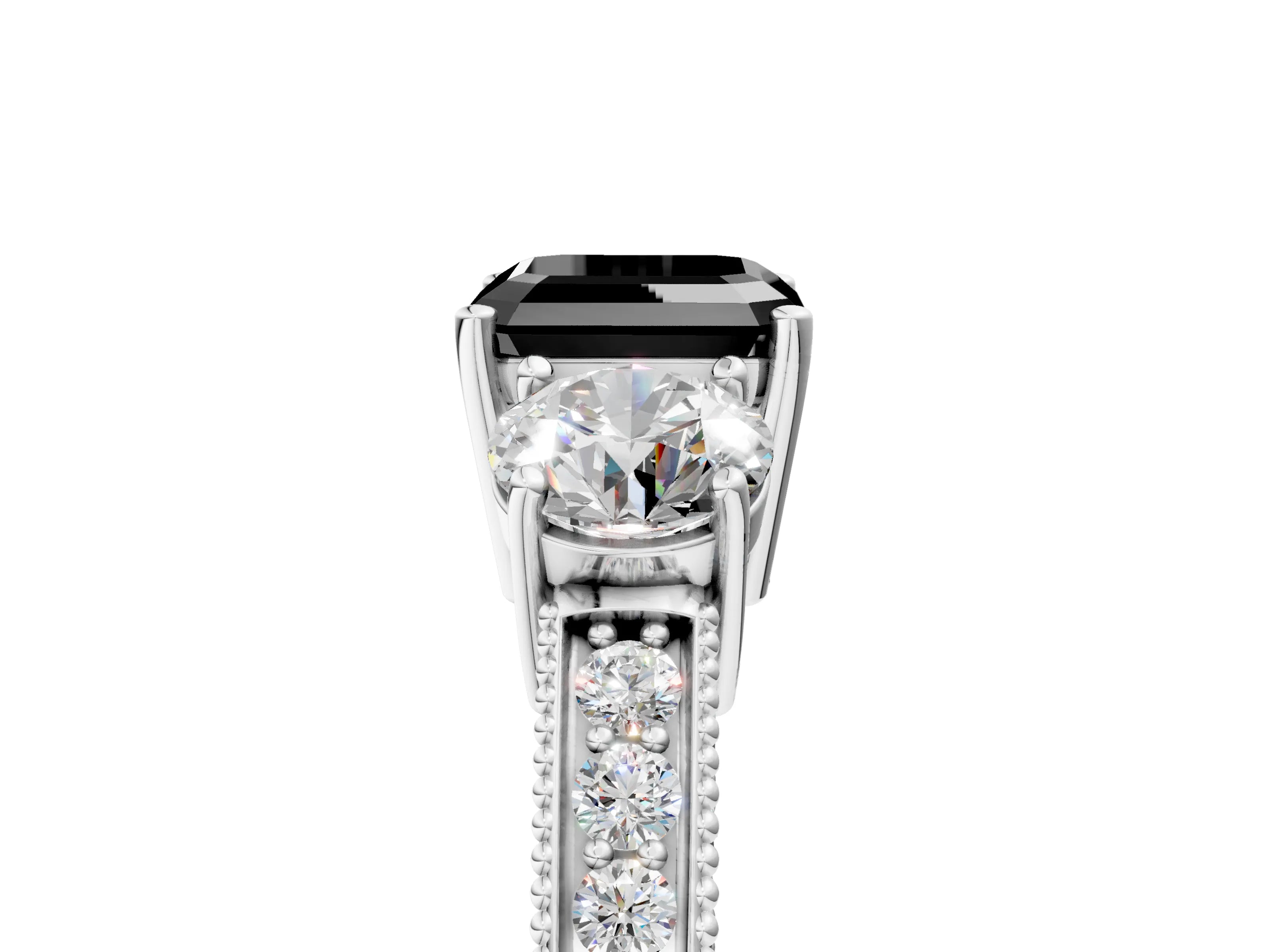 White gold Fancy Black Asscher Cut Three-Stone Diamond Ring with Pavé Band and Four-Prong Setting_5