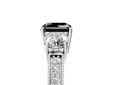 White gold Fancy Black Asscher Cut Three-Stone Diamond Ring with Pavé Band and Four-Prong Setting_5