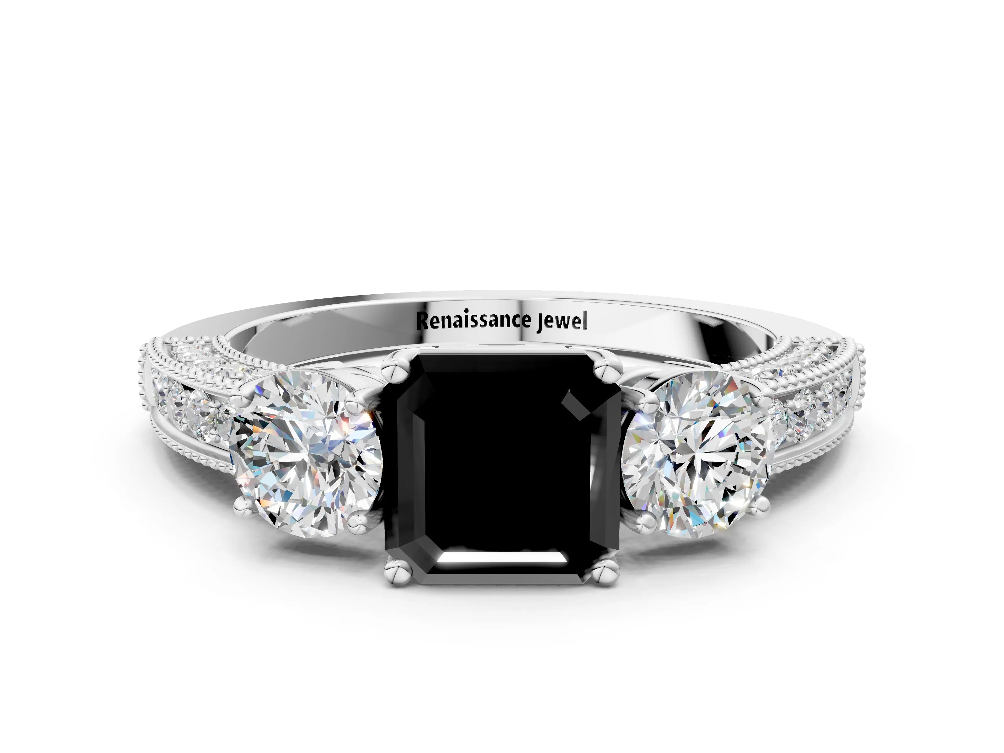 White gold Fancy Black Asscher Cut Three-Stone Diamond Ring with Pavé Band and Four-Prong Setting