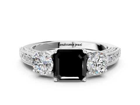 White gold Fancy Black Asscher Cut Three-Stone Diamond Ring with Pavé Band and Four-Prong Setting