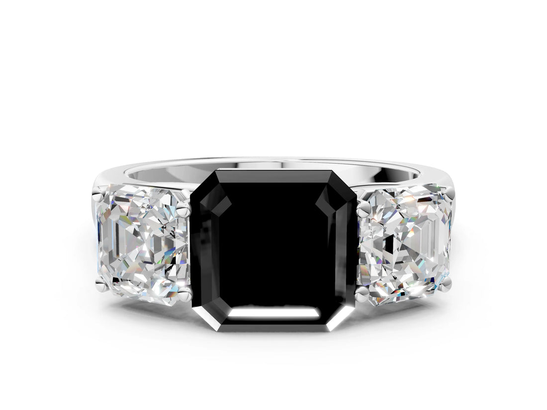 White gold Fancy Black Asscher Cut Three-Stone Diamond Ring with Prong Setting on a Classic Band_12