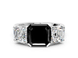 White gold Fancy Black Asscher Cut Three-Stone Diamond Ring with Prong Setting on a Classic Band_12