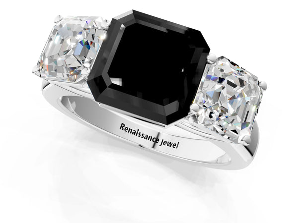 Platinum Asscher Cut Side Stone Engagement Ring Setting for Black Center - Design RJ-781