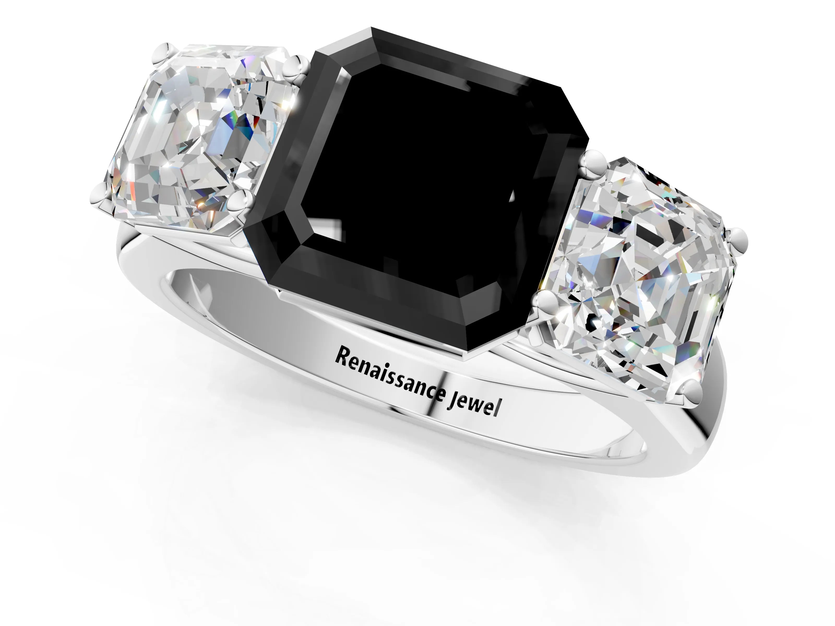 White gold Fancy Black Asscher Cut Three-Stone Diamond Ring with Prong Setting on a Classic Band_1