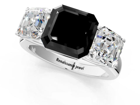 White gold Fancy Black Asscher Cut Three-Stone Diamond Ring with Prong Setting on a Classic Band_1